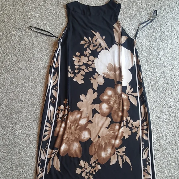 Vintage sepia floral midi dress sequined neck halter, M - Picture 6 of 6